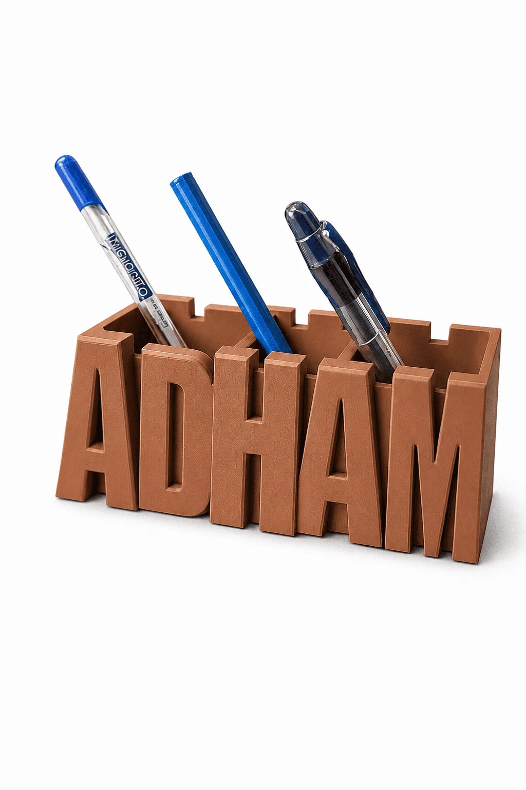 Name Pen Holder, Blocky font in Brown